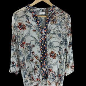 Karen Seo White‎ Abstract Floral Embroidered Trim Tunic Top Sz M